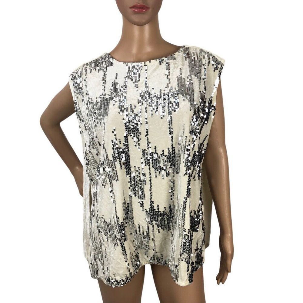 Marc New York Sequin Embellished Velvet‎ Shirt Top One Size Cream Holiday Dressy